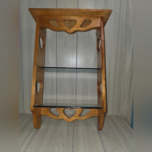 Vtg 80s Heart Design Carved Wood Wall Shelf W/Glass Inserts Farmhouse Coquette - Picture 5 of 8